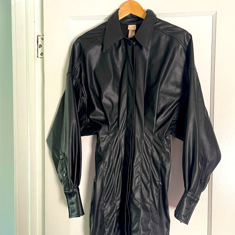 H&M Black Faux Leather Shirt Dress